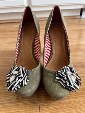 Gianni Bini Olive Canvas Floral-Embellished Heels
